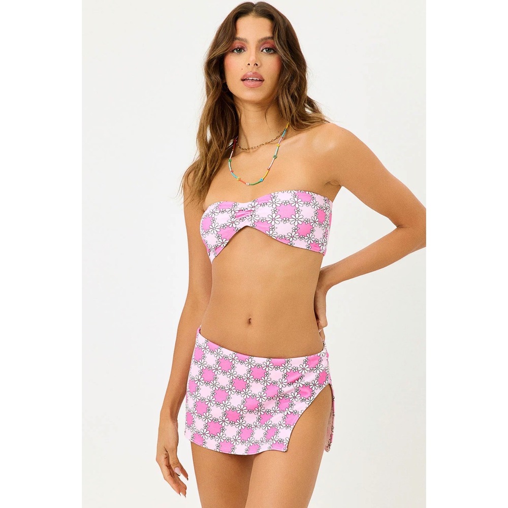 Frankies Bikinis Pink Floral Terry Cloth 3 Piece Setβ Bandeau Skirt Bottoms Sz S